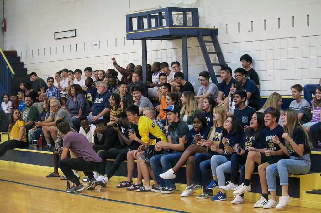 International Students, cheering at Christian Boarding School, Canyonville Christian Academy's, Volleyball Game